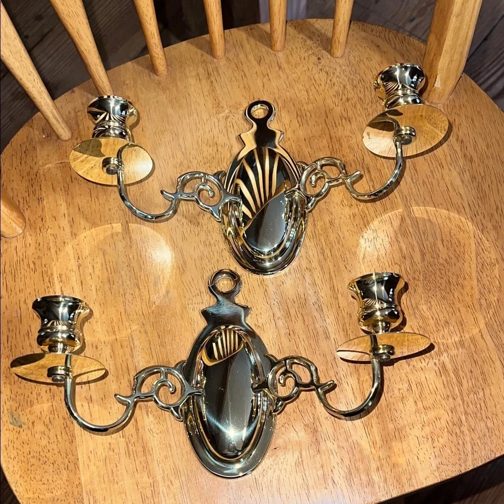 Vintage Brass Double Candle Holder Wall Sconce Set of 2 Hollywood Regency